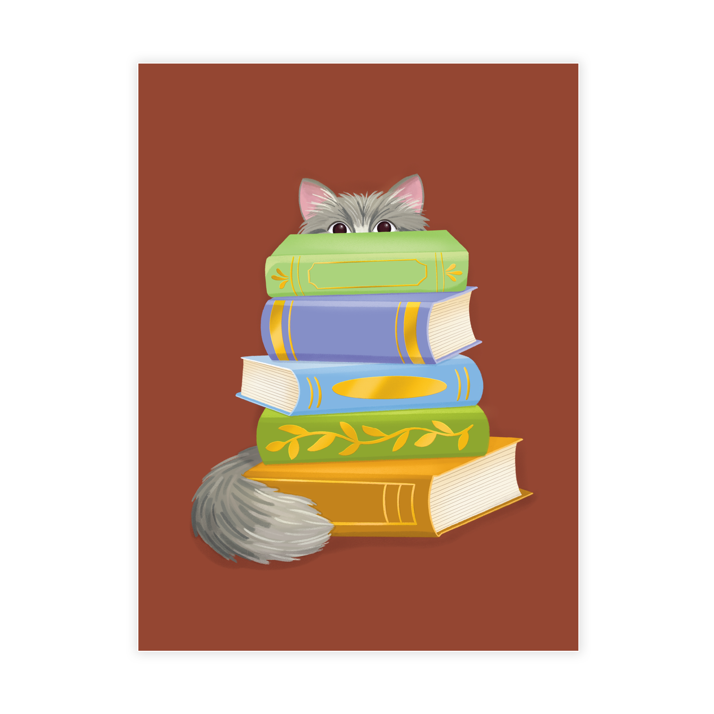 Book Stack Cat Brown 9" x 12" Art Print