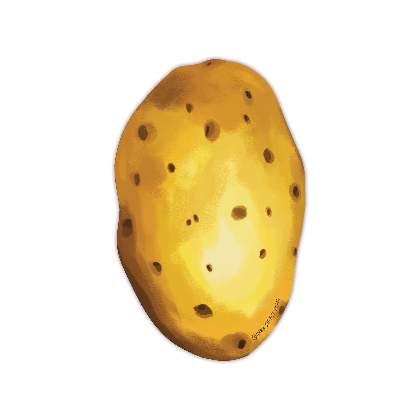 Baked potato bookmark showing back view with golden brown skin and spots on white background