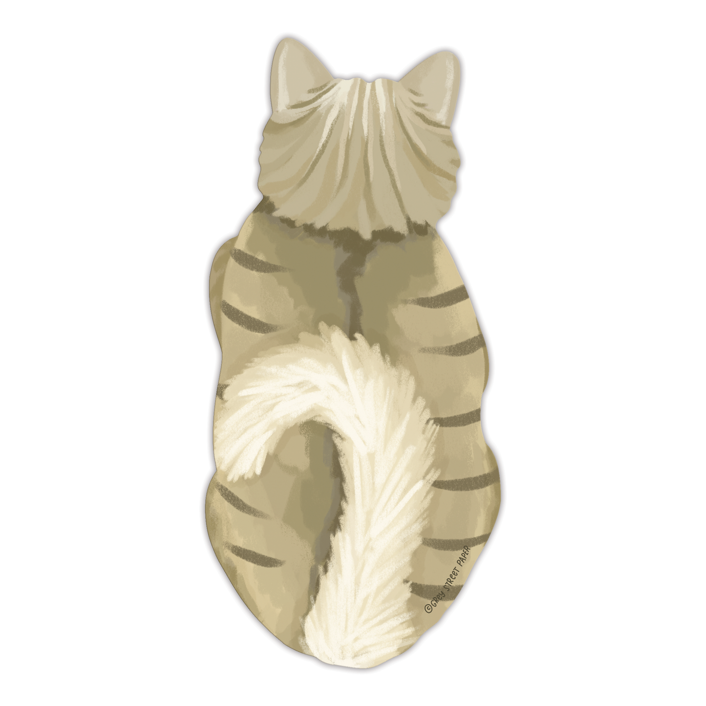 Tan and white tabby cat bookmark showing back view with striped fur and tail on white background
