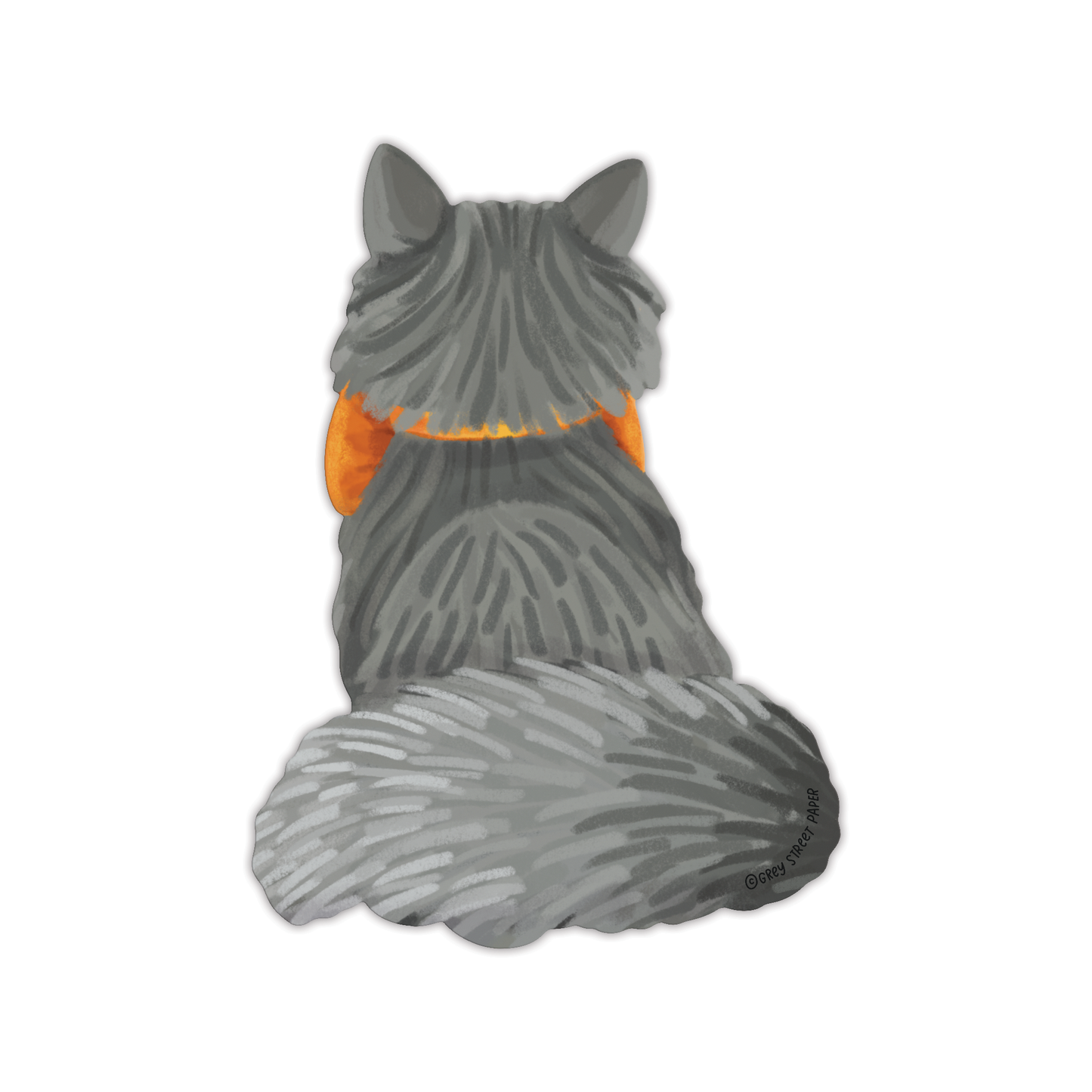 Grey long-haired cat bookmark showing back view with fluffy striped fur, orange bow, and bushy tail on white background