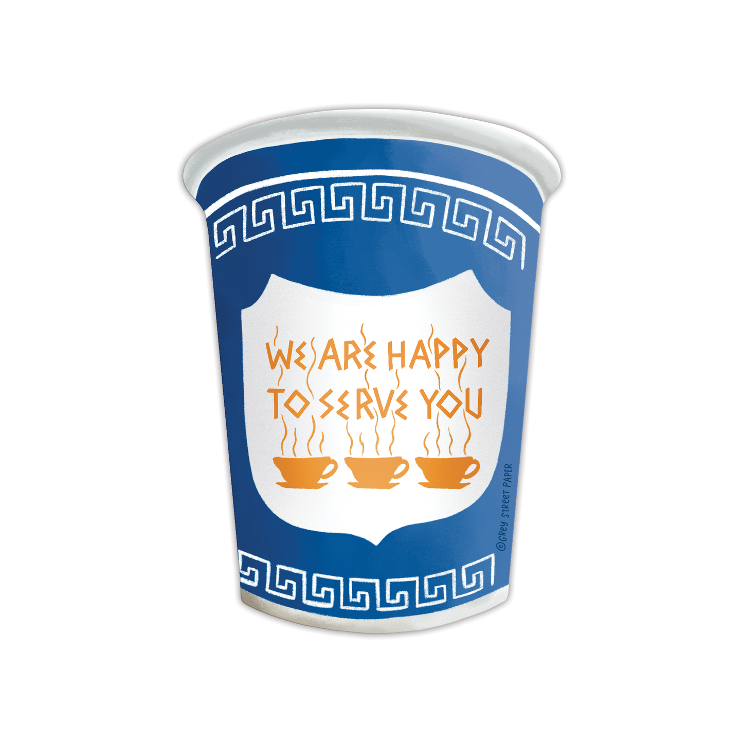 back view Paper cup die-cut bookmark with blue design and text 'We are happy to serve you' on a white background