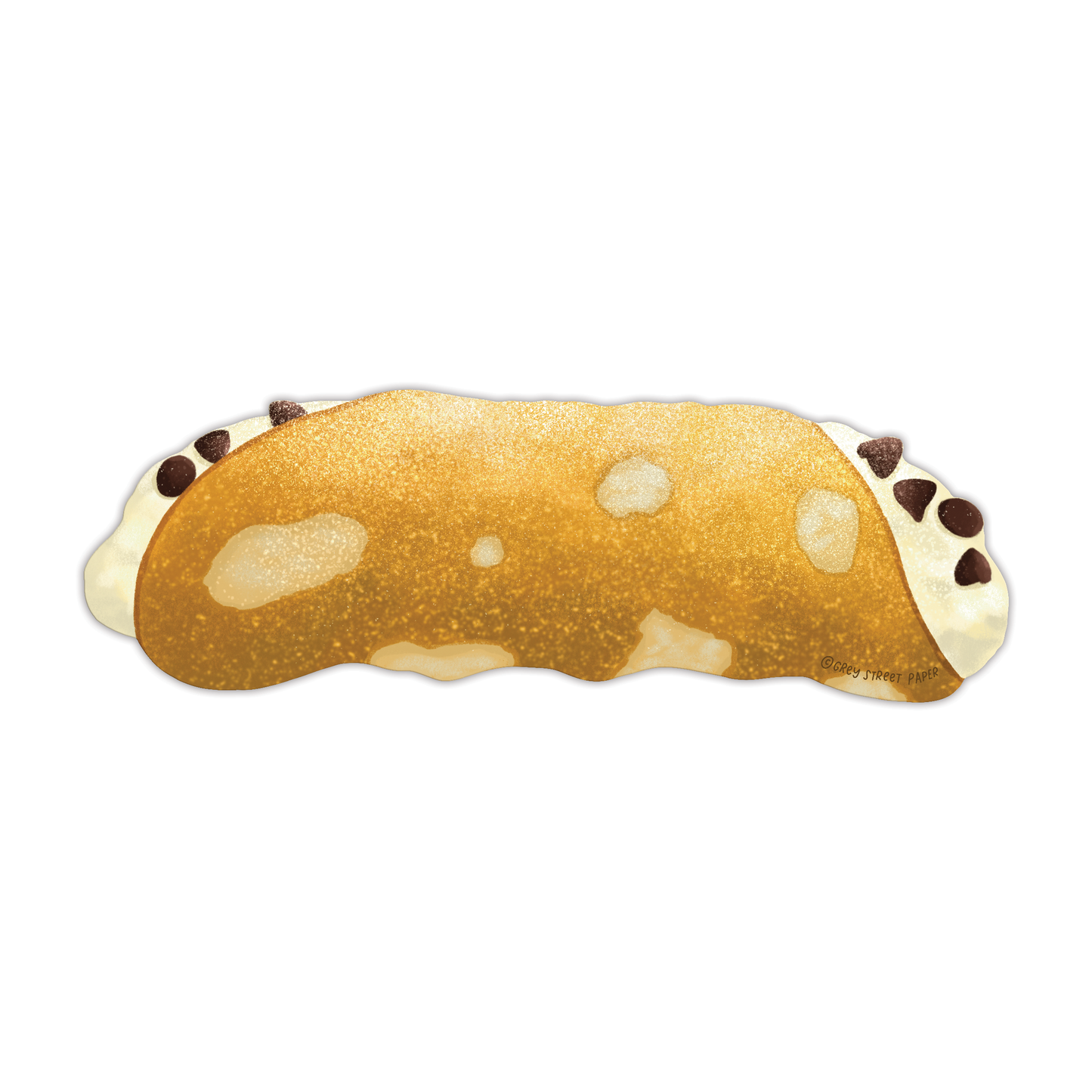Italian cannoli bookmark showing back view with pastry shell and chocolate chips on white background