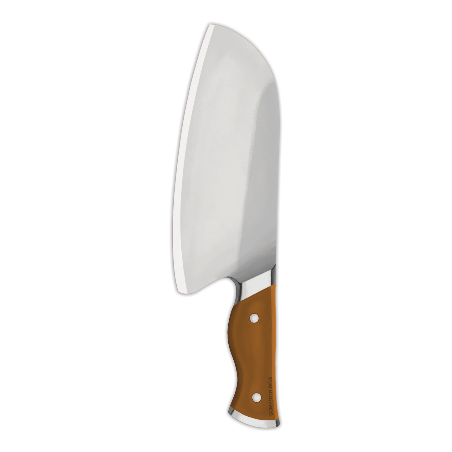 Back Side Chef's knife bookmark with silver blade and brown wood handle with rivets on white background