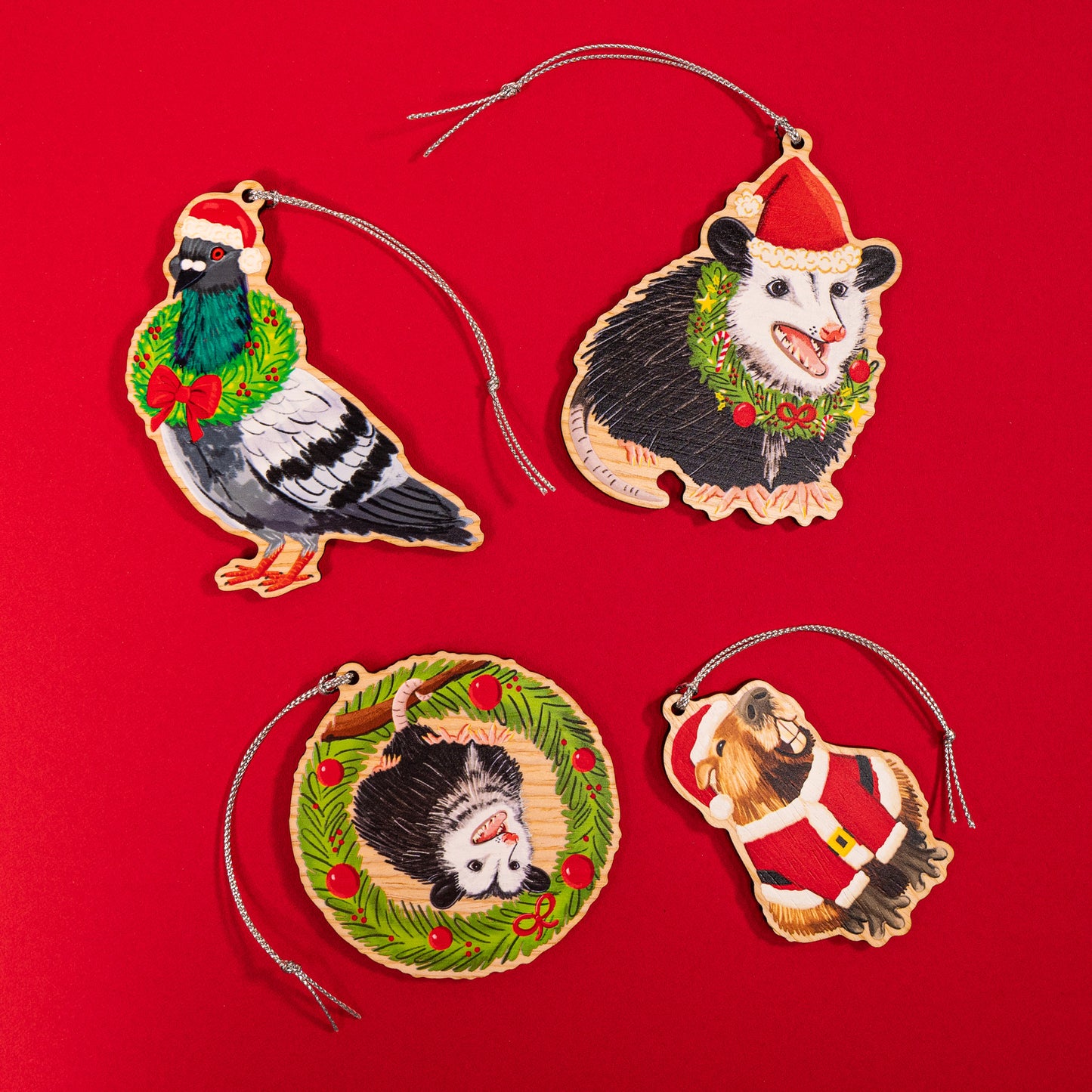 Hanging Opossum In Festive Christmas Wreath Wood Christmas Ornament