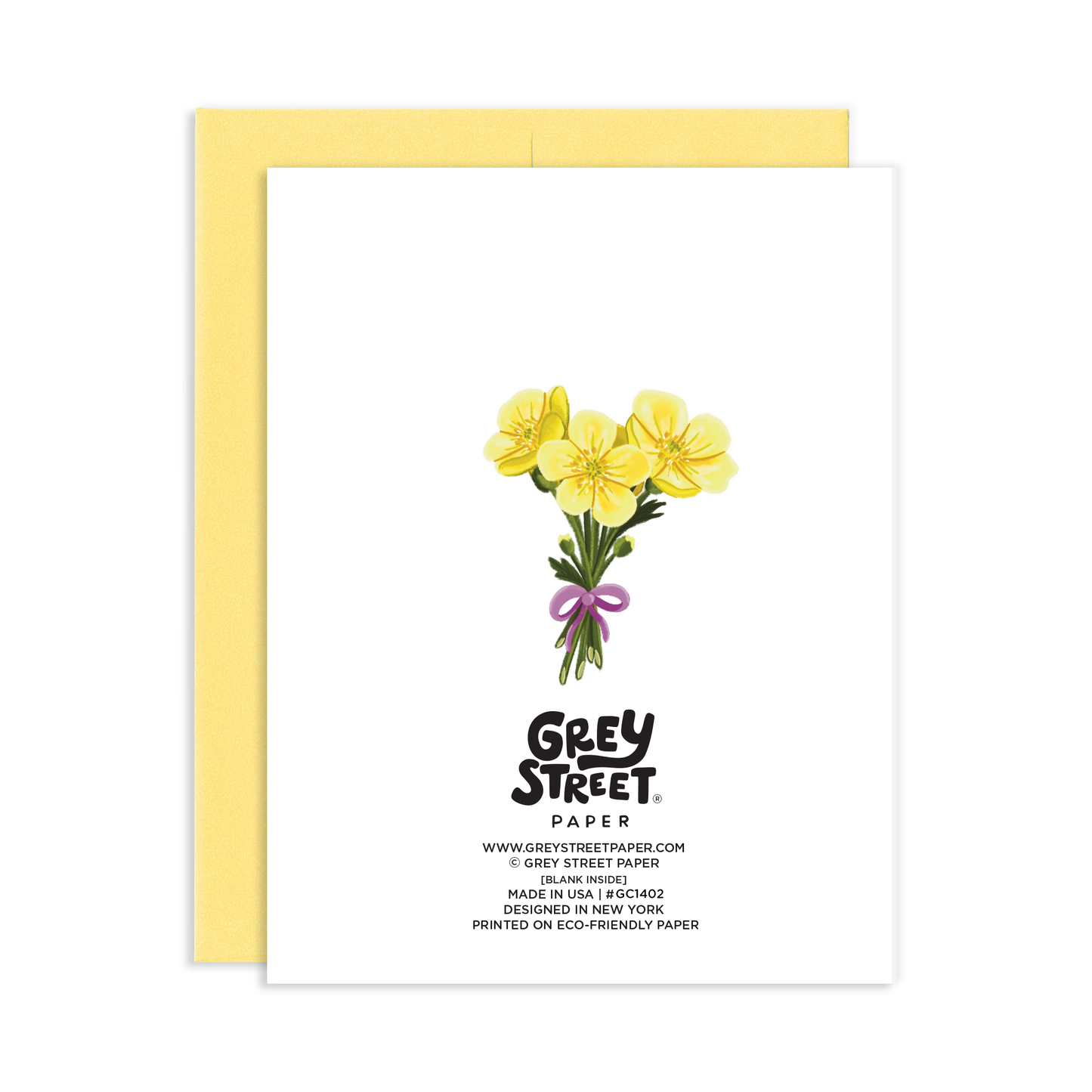 Back view of a greeting card with an illustration of a bouquet of yellow buttercup flowers and purple ribbon with a yellow envelope.