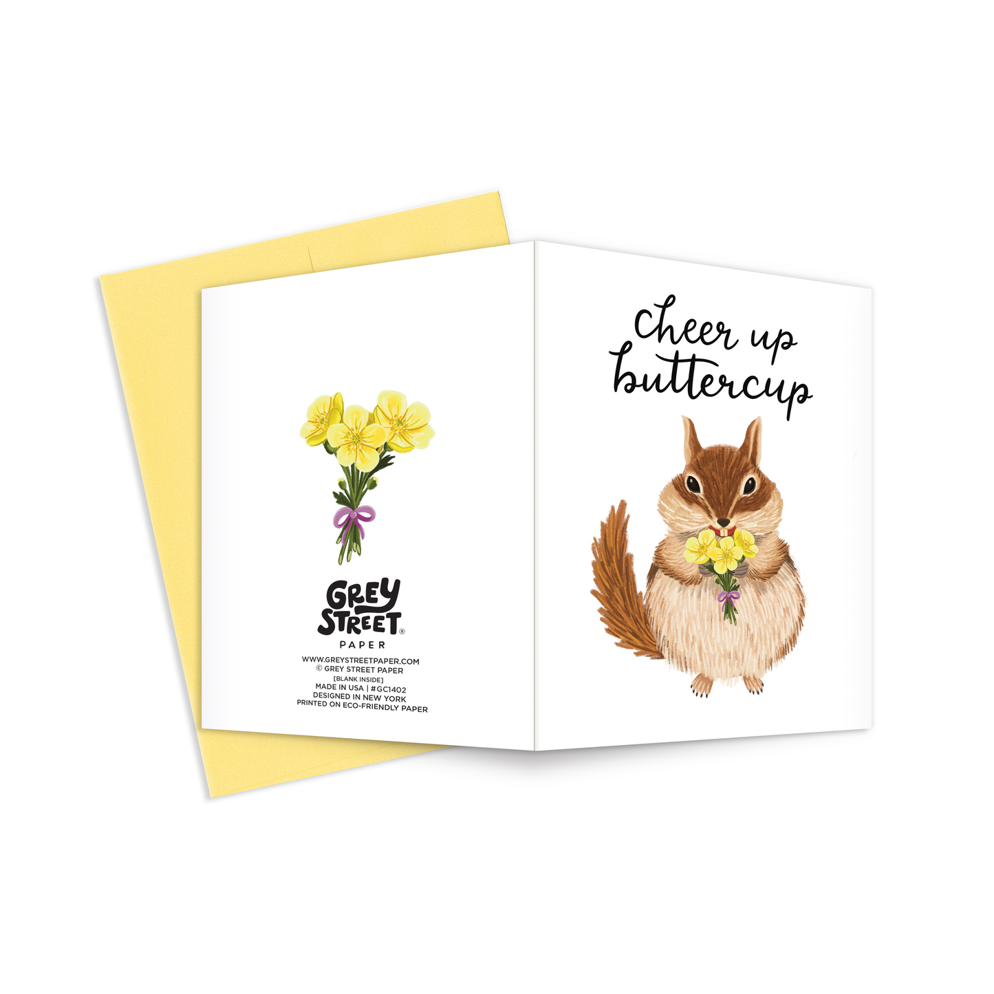 Full view of greeting card with illustration of a smiling chipmunk holding flowers on the font and bouquet of yellow flowers on the back with a yellow envelope.
