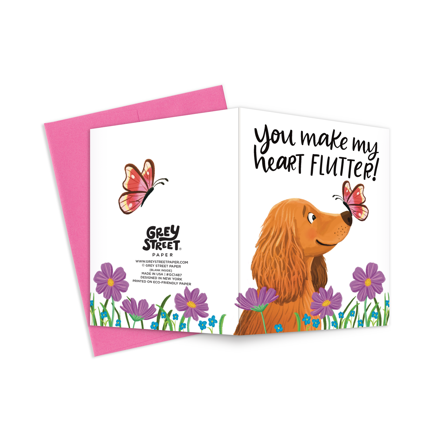 You Make My Heart Flutter Cute Dog Admiring Butterfly Valentine Greeting Card