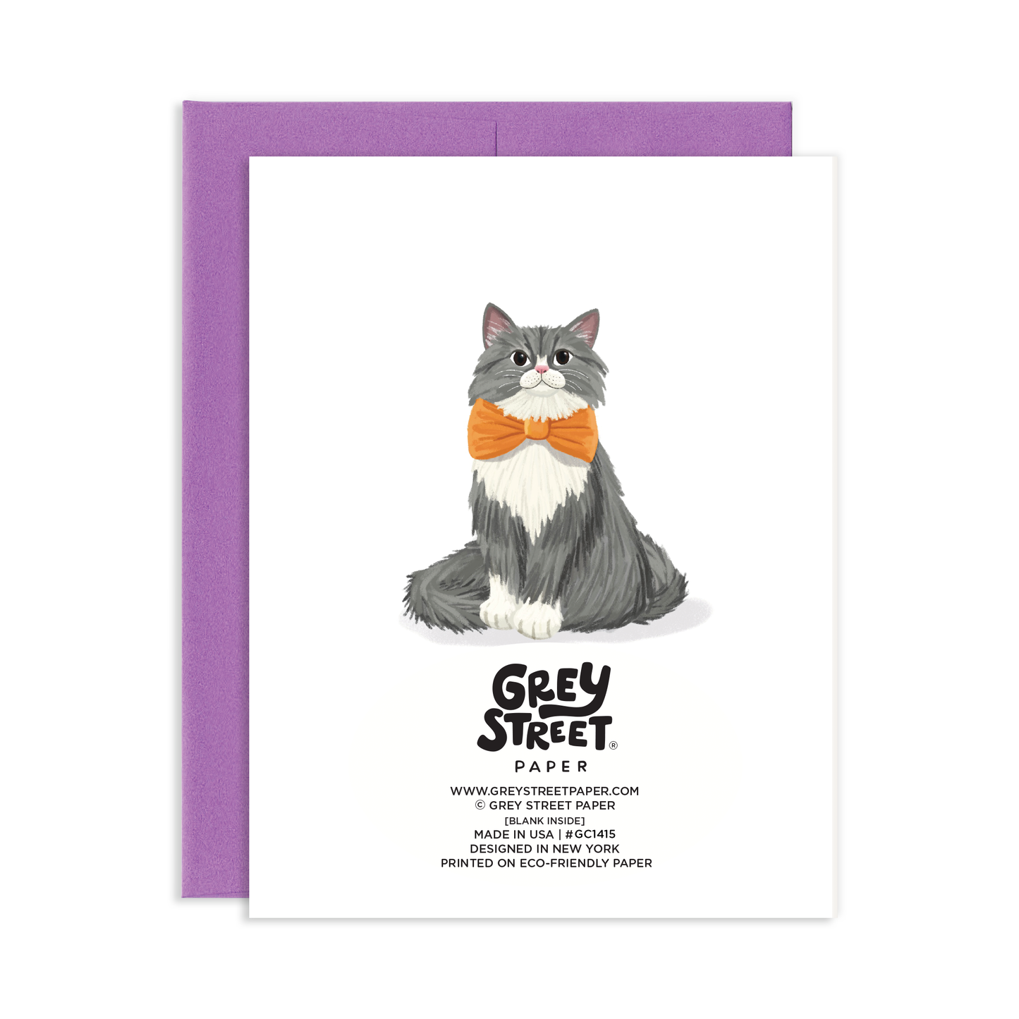 Greeting card back view with a cat illustration and 'Grey Street Paper' branding on a white background.