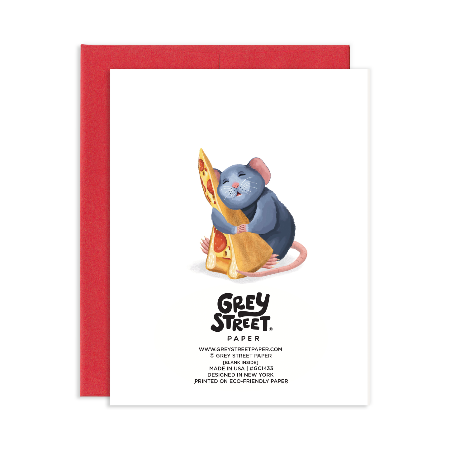 Card with a cartoon mouse holding a pizza, featuring the brand 'Grey Street Paper'.