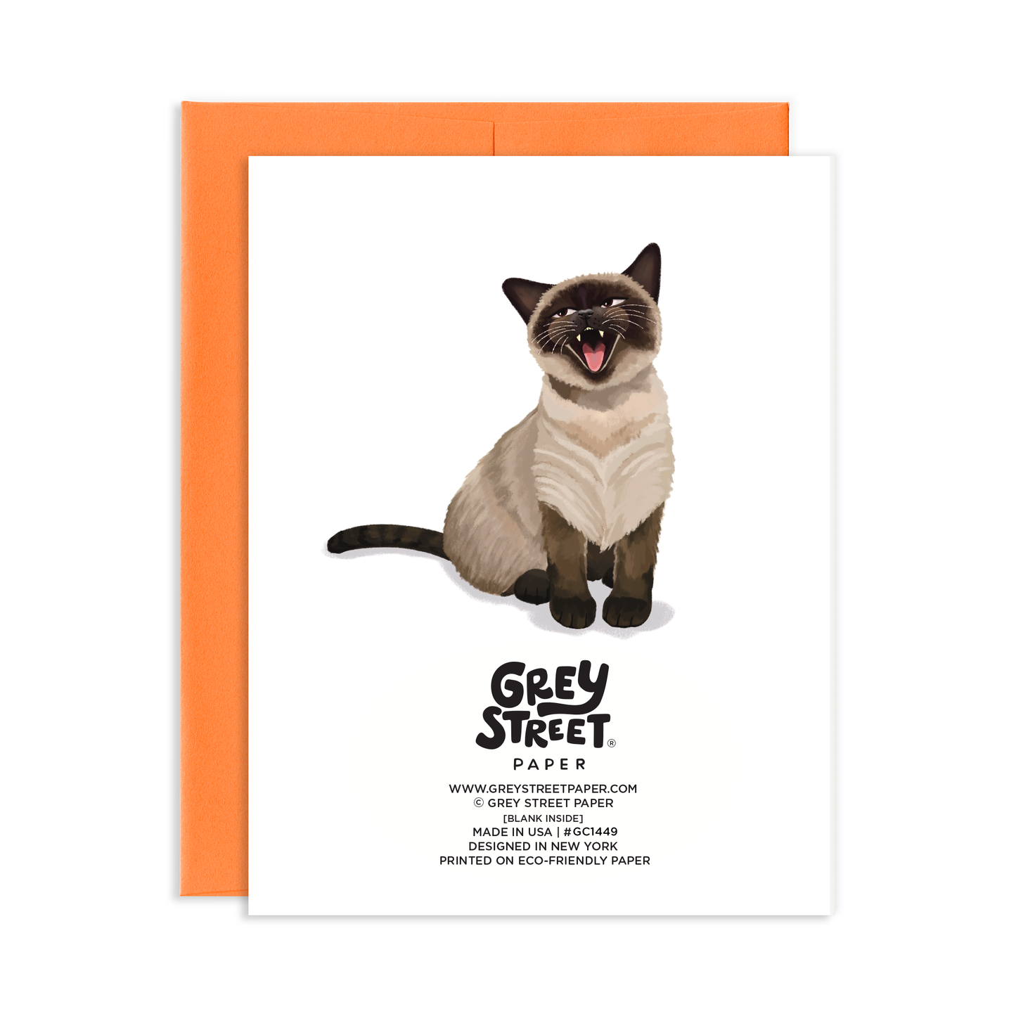 Card back view with a Siamese cat illustration and 'Grey Street Paper' branding with an orange envelope.