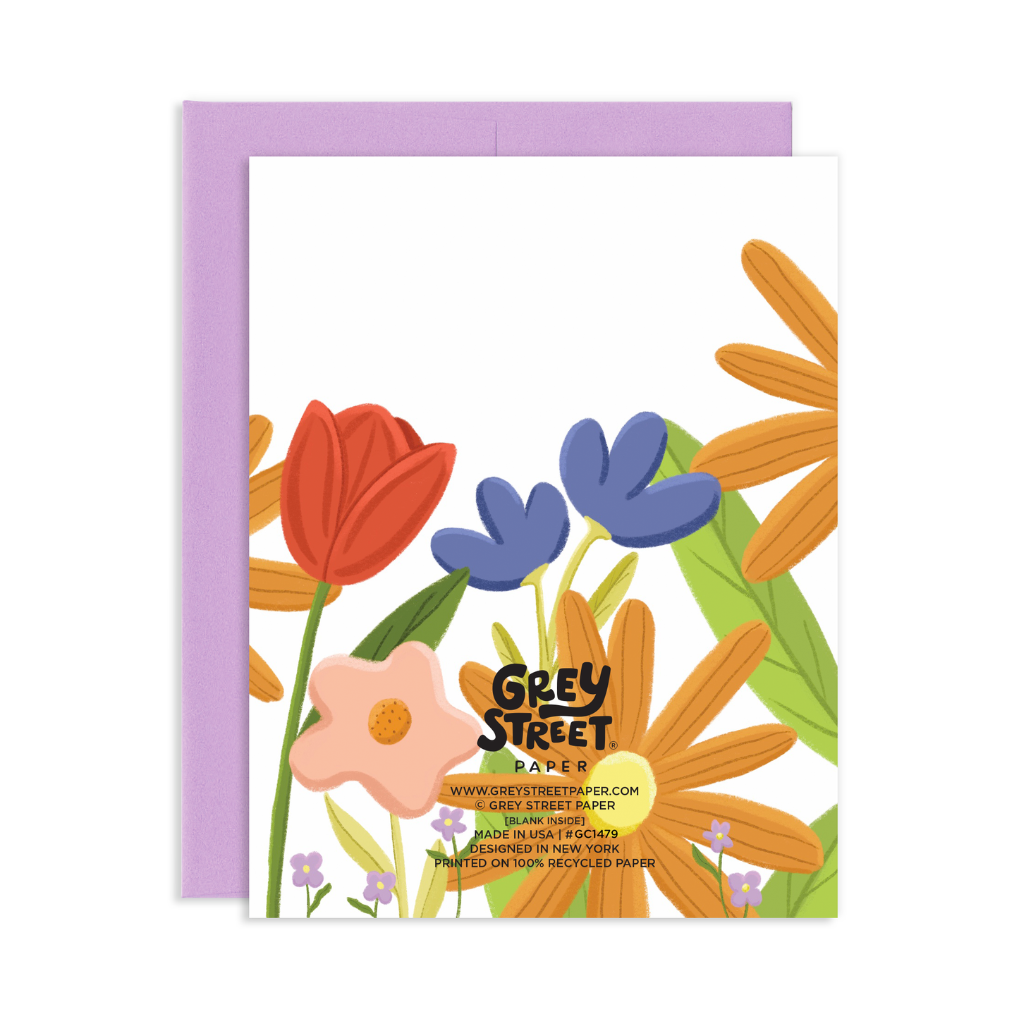 Back view of a greeting card with an illustration of orange daises, a red tulip, pink flowers, blue flowers, and purple flowers.