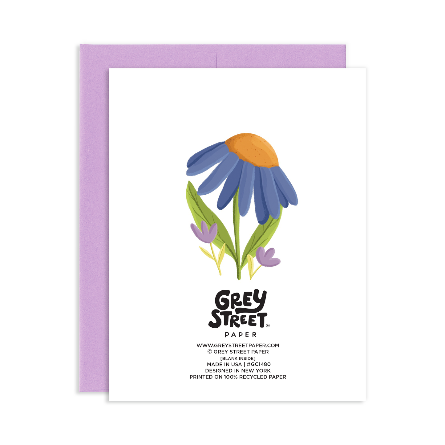 Back view of a greeting card with an illustration of a blue daisy flower and small purple flowers with a purple envelope.