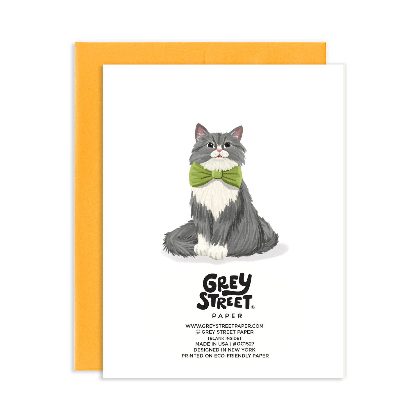 Card back view with a smiling cat illustration with green bowtie and 'Grey Street Paper' branding on a white background