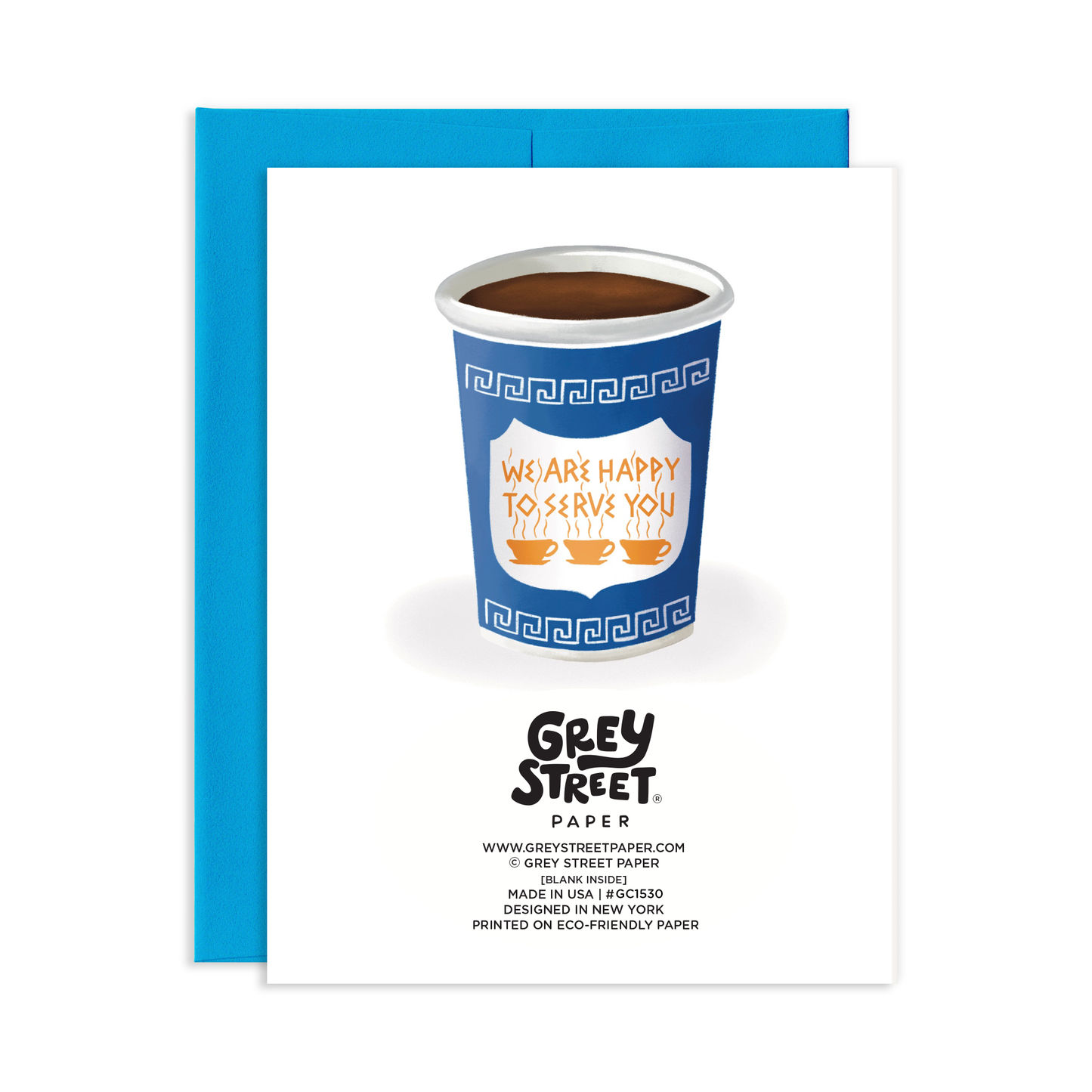 back view of Card with a coffee cup design and 'Grey Street Paper' branding on a white background