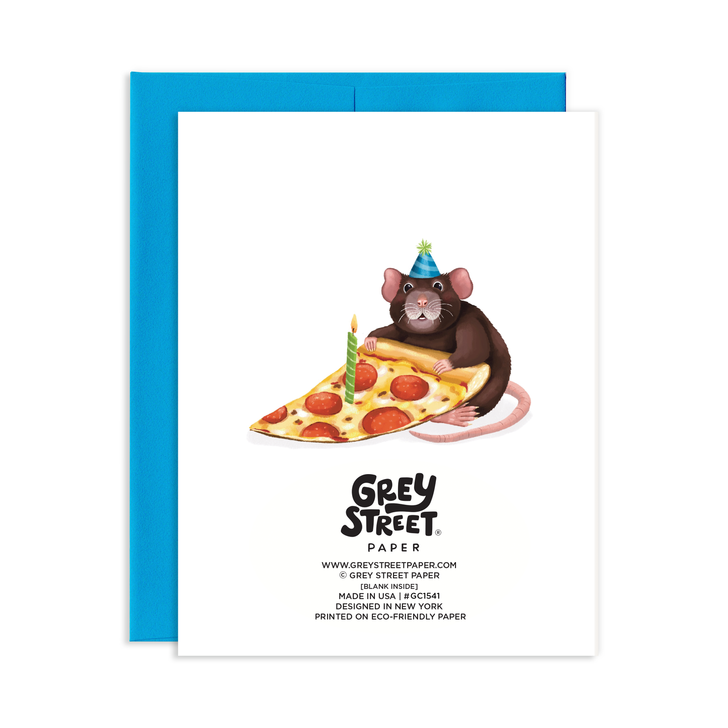 Greeting card back view with a rat holding a slice of pizza and a birthday candle, branded 'Grey Street Paper'.