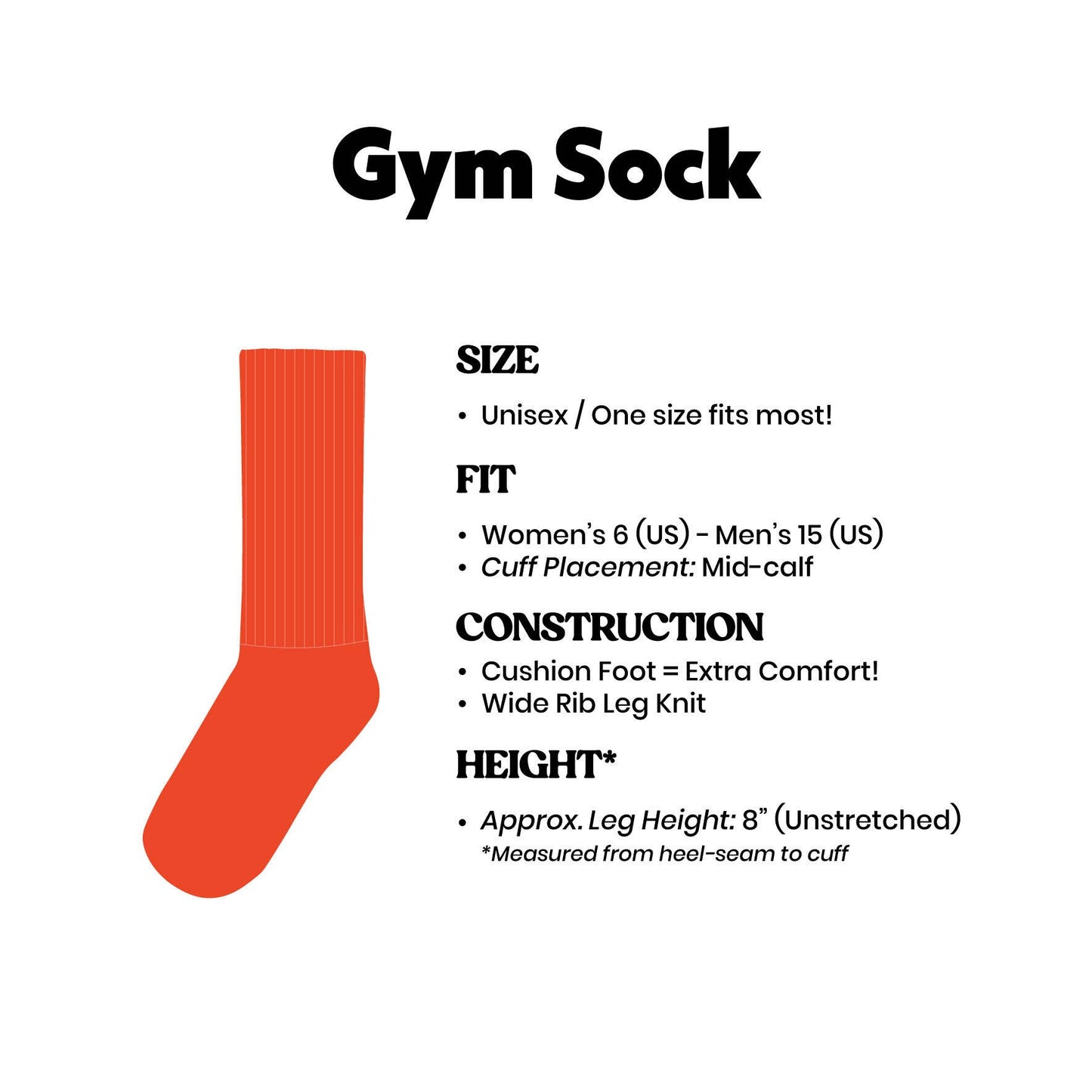 Red gym sock with product details on a white background