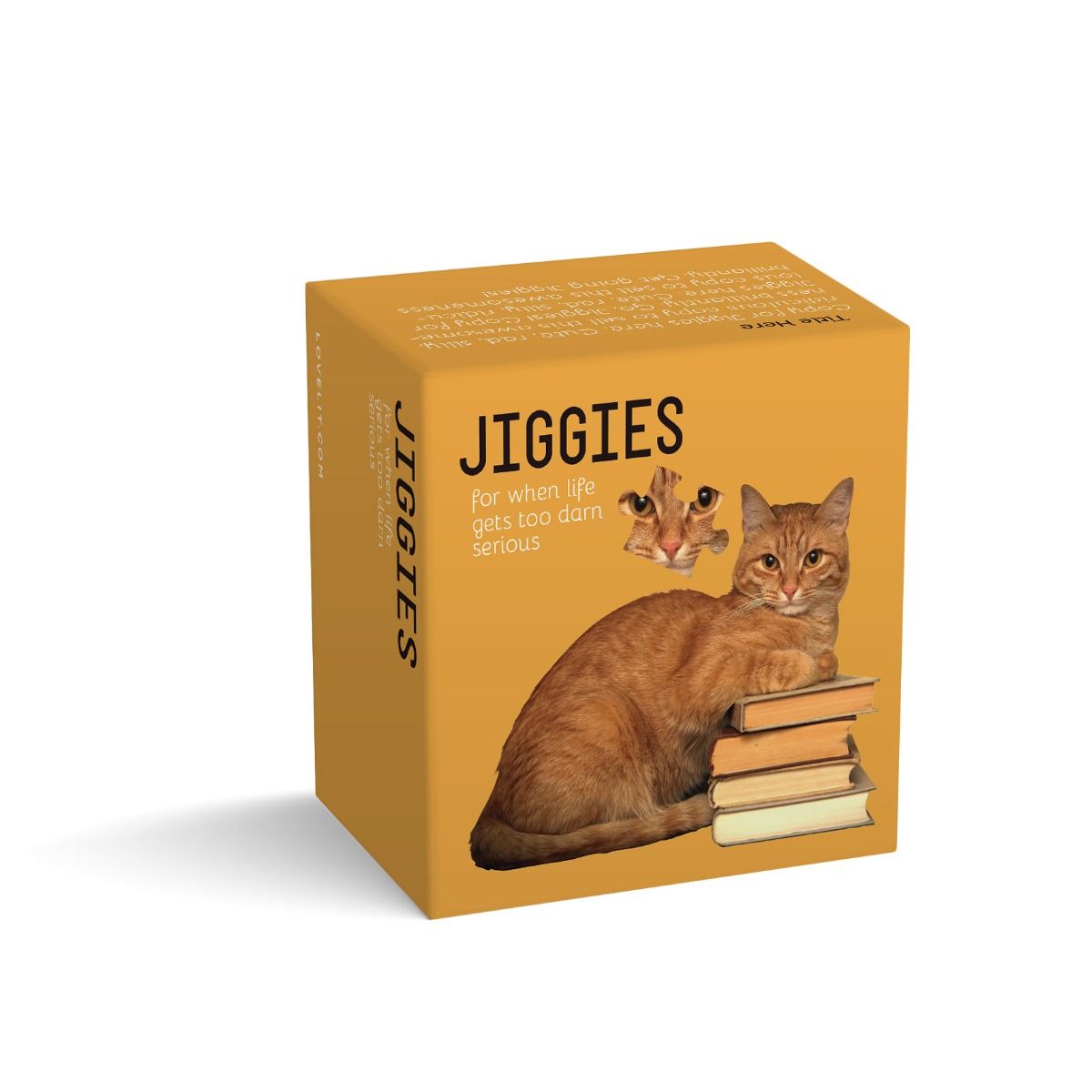 packaging box for mini puzzle of an orange cat laying on a stack of books