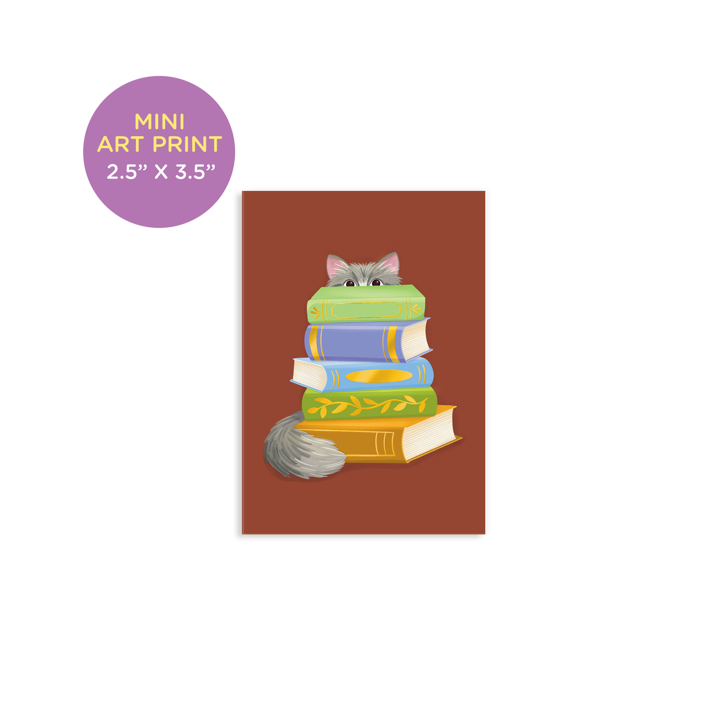 Book Stack Cat Brown Mini Art Print