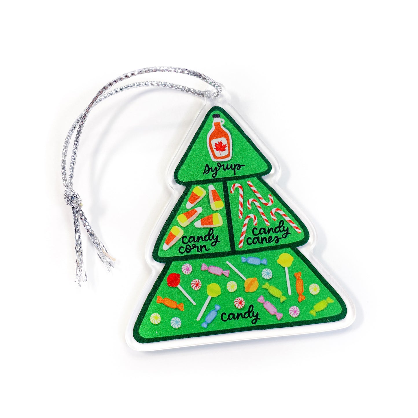 Elf food groups Christmas tree acrylic ornament with silver string showing syrup, candy corn, candy canes, and candy on green tree on white background