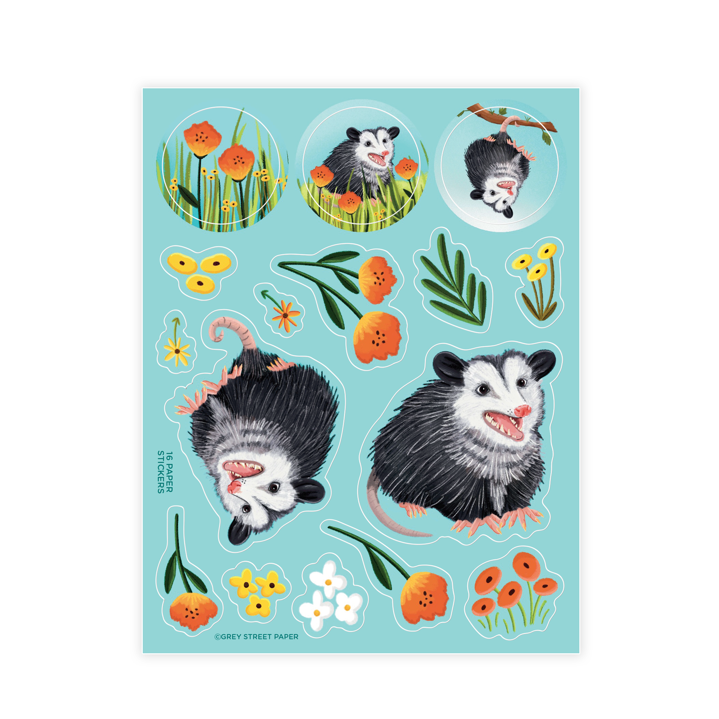 Opossum Flower Garden Paper Sticker Sheet