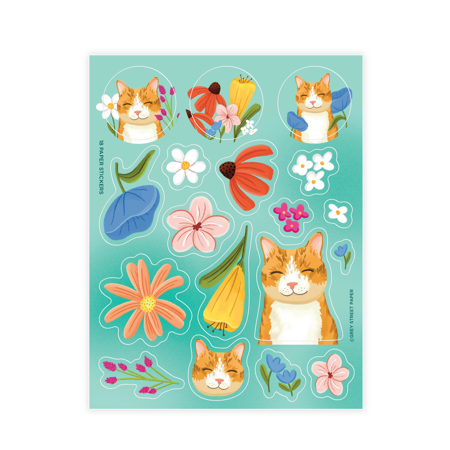 Orange Cat Flower Garden Paper Sticker Sheet