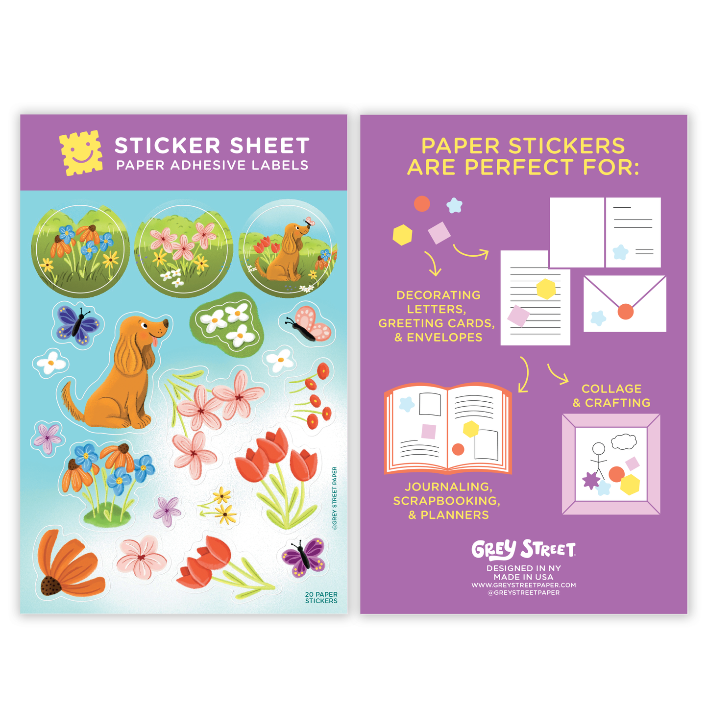 Cute Dog Butterfly Flower Field Paper Sticker Sheet