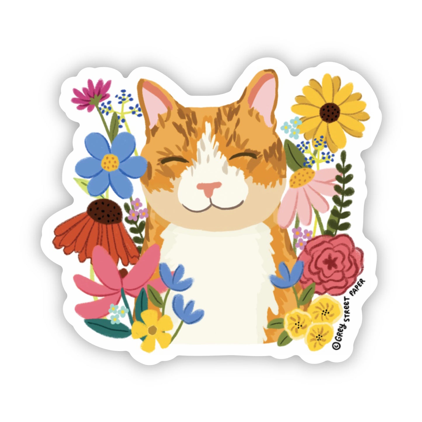 Flower Orange Cat Vinyl Sticker