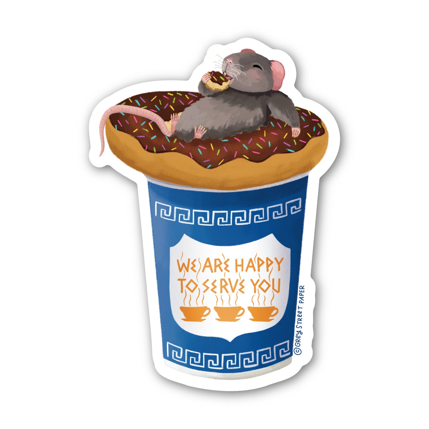 Sticker of a rat on a donut with a coffee cup background, featuring the text 'We are happy to serve you'.