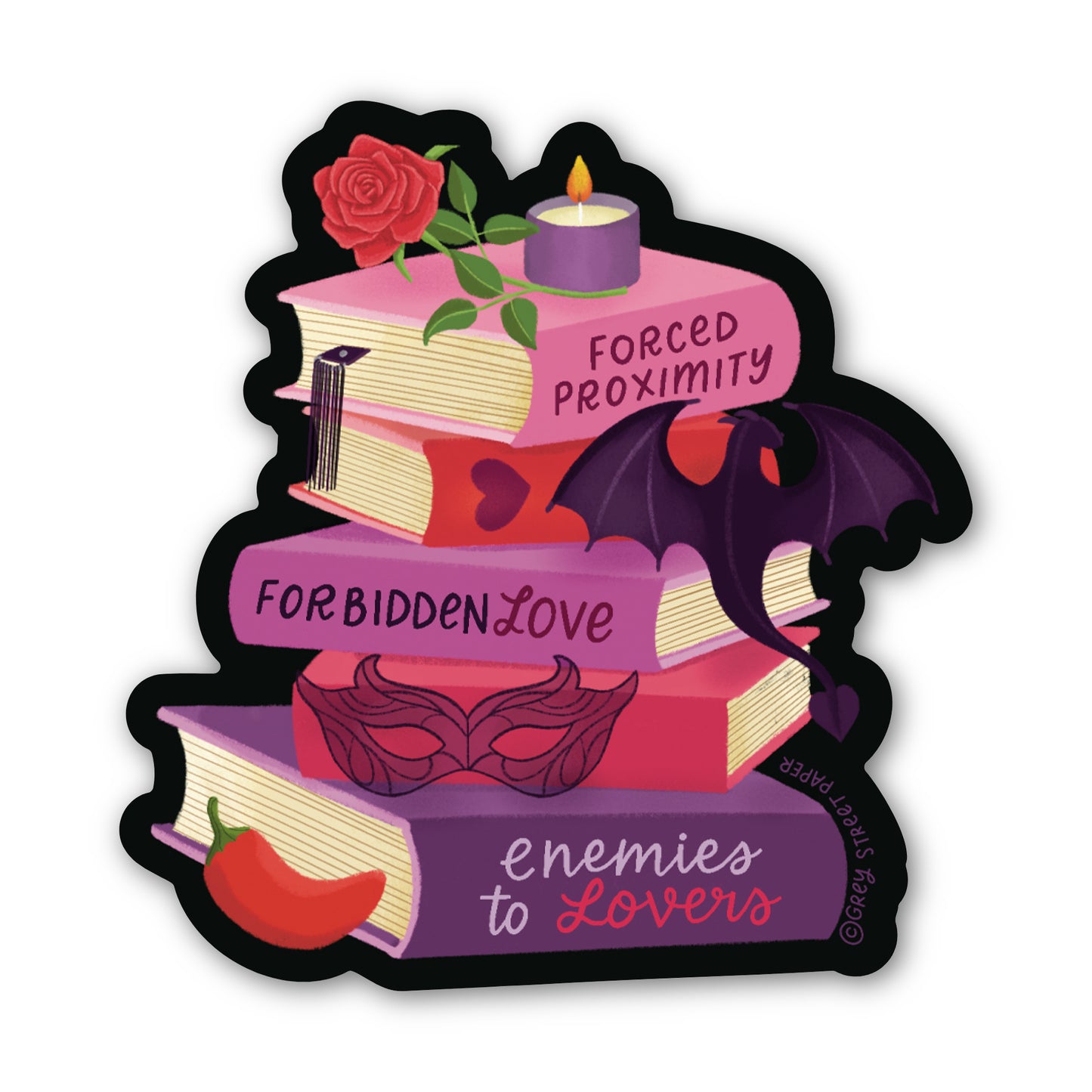 Decorative sticker with books titled 'Forced Proximity', 'Forbidden Love', 'Enemies to Lovers' and decorative romance elements on a white background.