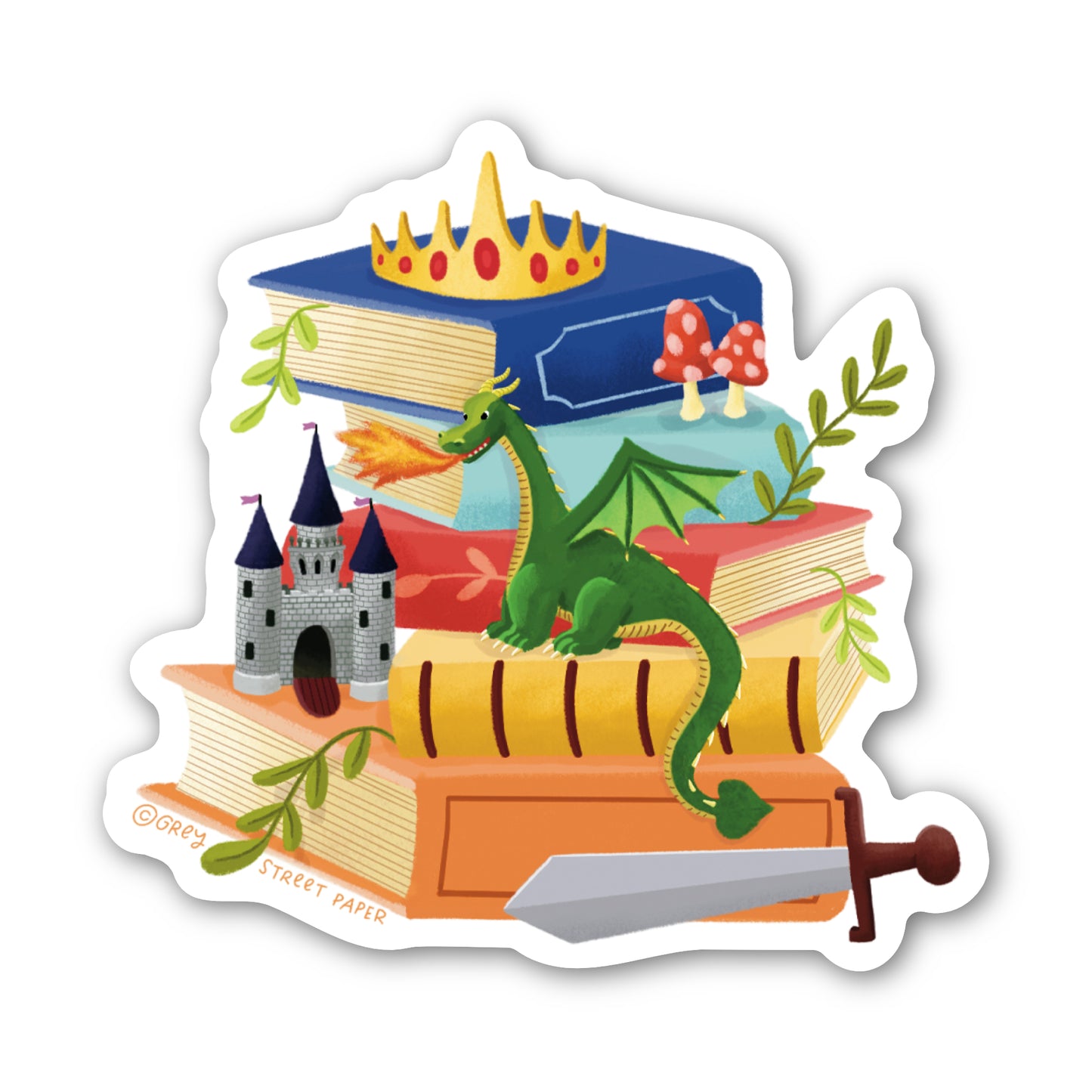 Sticker with books, dragon, castle, sword, and crown on a white background