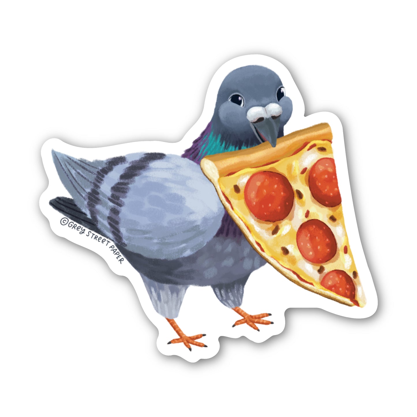 Sticker of a pigeon holding a slice of pizza on a white background