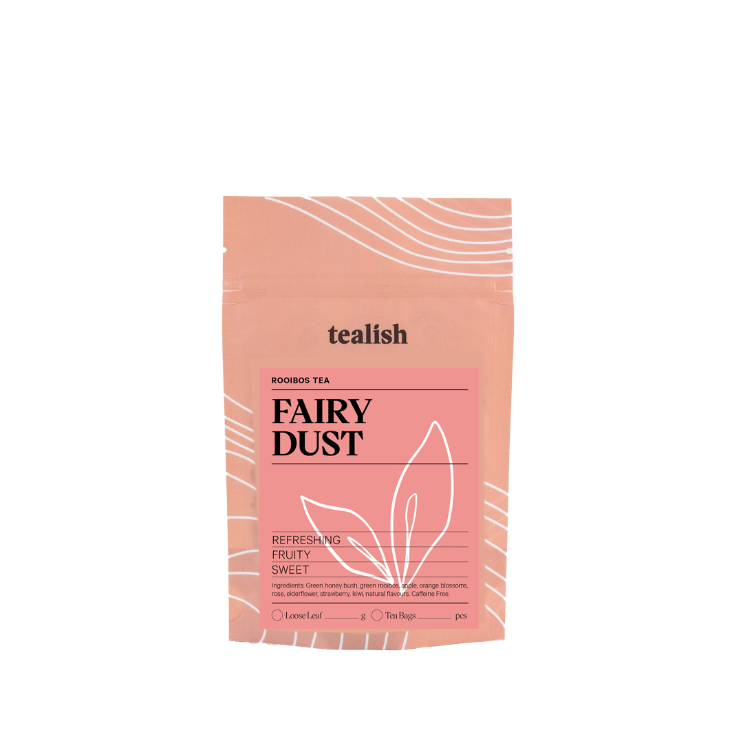 A package of Tealish Fairy Dust Rooibos Tea featuring an illustration of a tea bag with the product name and a stylized leaf design.