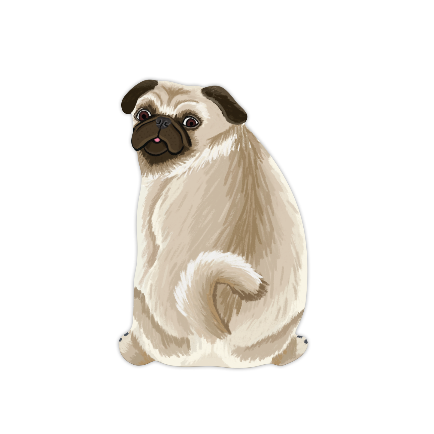 Die-cut cream pug bookmark sitting with black face, wrinkled muzzle, and curled tail on white background