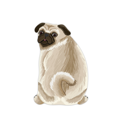 Die-cut cream pug bookmark sitting with black face, wrinkled muzzle, and curled tail on white background