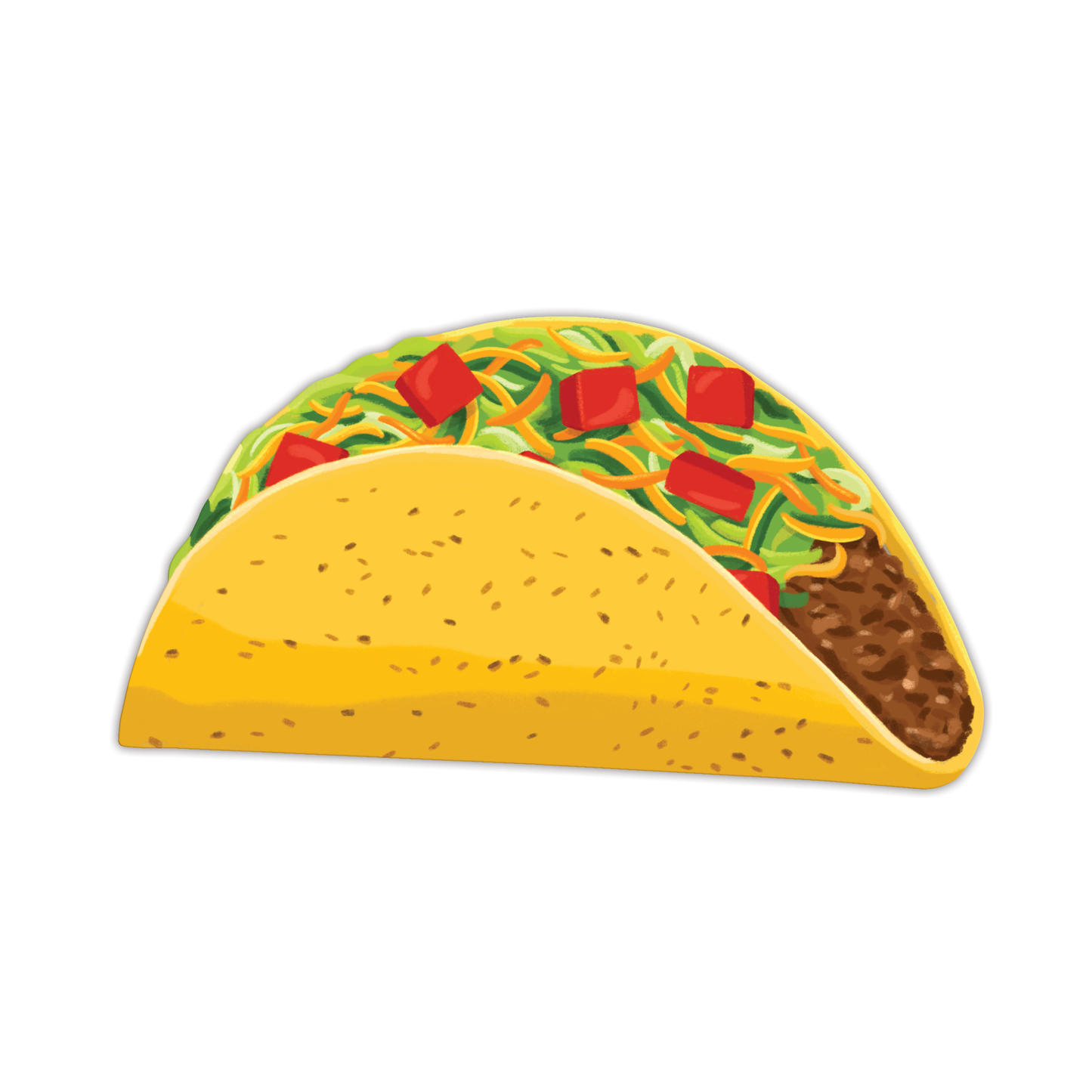Ground beef die-cut taco bookmark with yellow shell, lettuce, cheese, tomatoes, and meat on white background