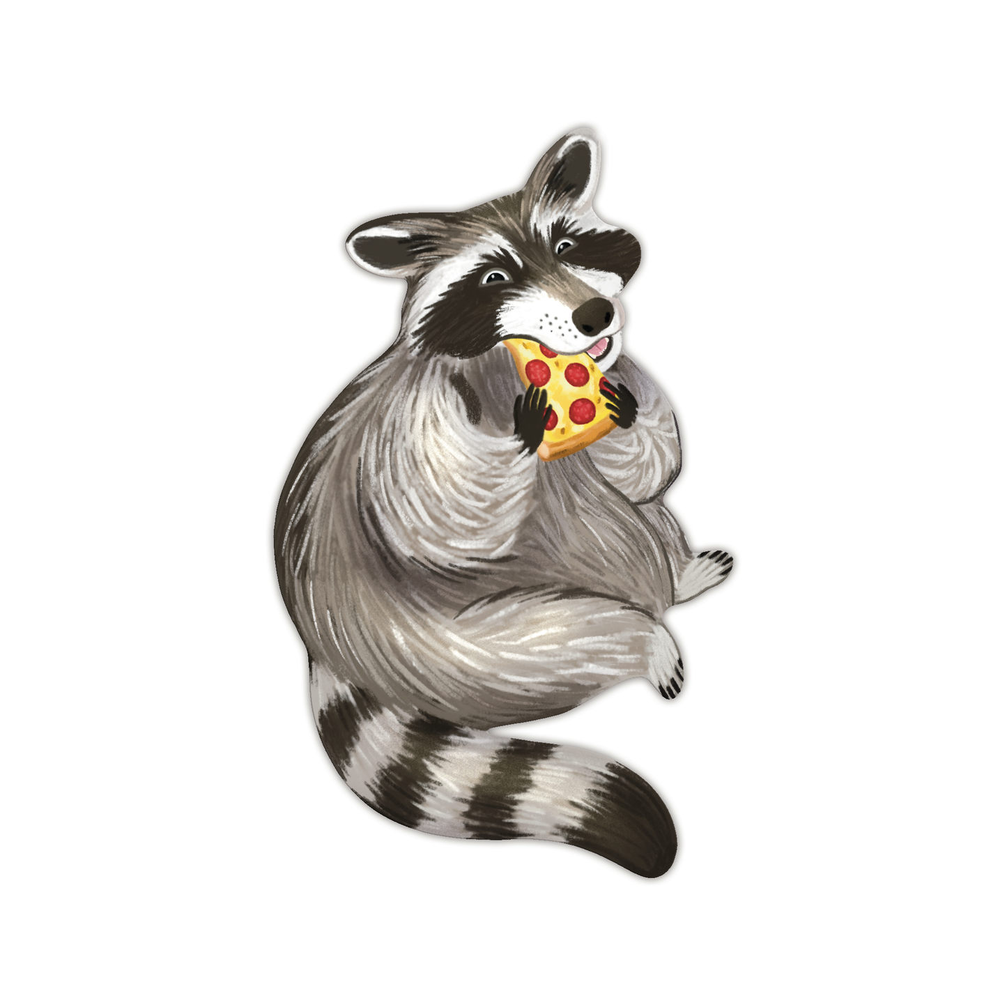 Raccoon eating pepperoni pizza slice die-cut bookmark on white background
