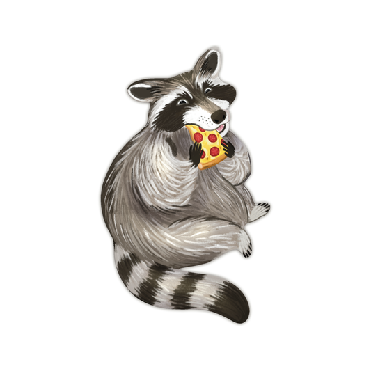 Raccoon eating pepperoni pizza slice die-cut bookmark on white background