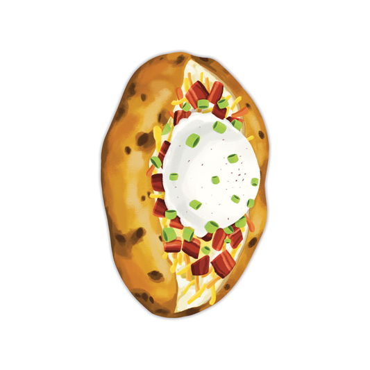 Die-Cut Loaded baked potato bookmark with sour cream, cheddar cheese, bacon bits, and chives on white background