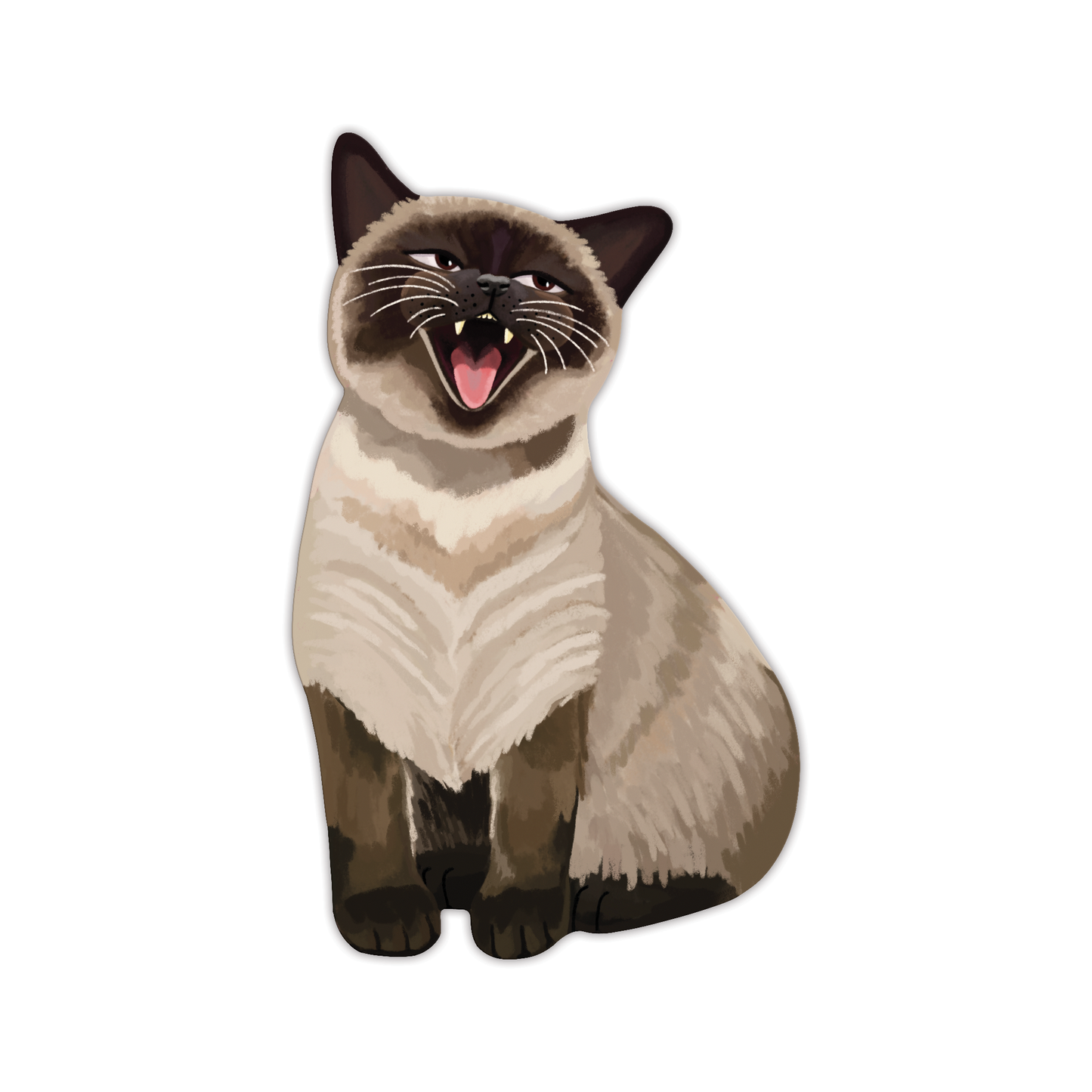 Siamese cat die-cut bookmark meowing with open mouth, cream body, dark brown face and paws on white background 