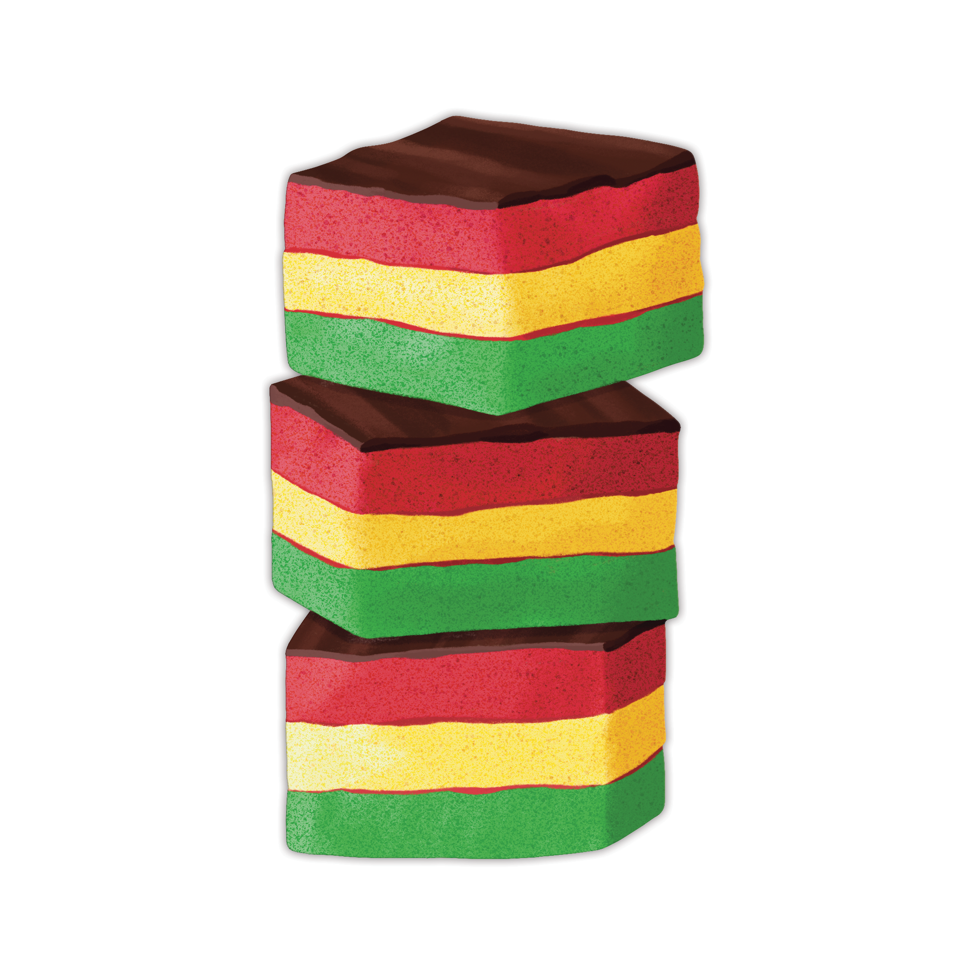 Die-cut Italian rainbow cookie bookmark featuring three-layer almond cookie with pink, yellow, and green layers, raspberry jam filling, and dark chocolate coating on top and bottom on white background