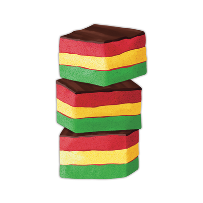 Die-cut Italian rainbow cookie bookmark featuring three-layer almond cookie with pink, yellow, and green layers, raspberry jam filling, and dark chocolate coating on top and bottom on white background