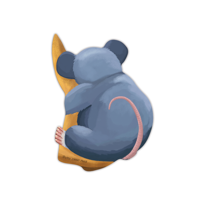 Pizza rat bookmark showing back view with gray rat and pizza slice on white background