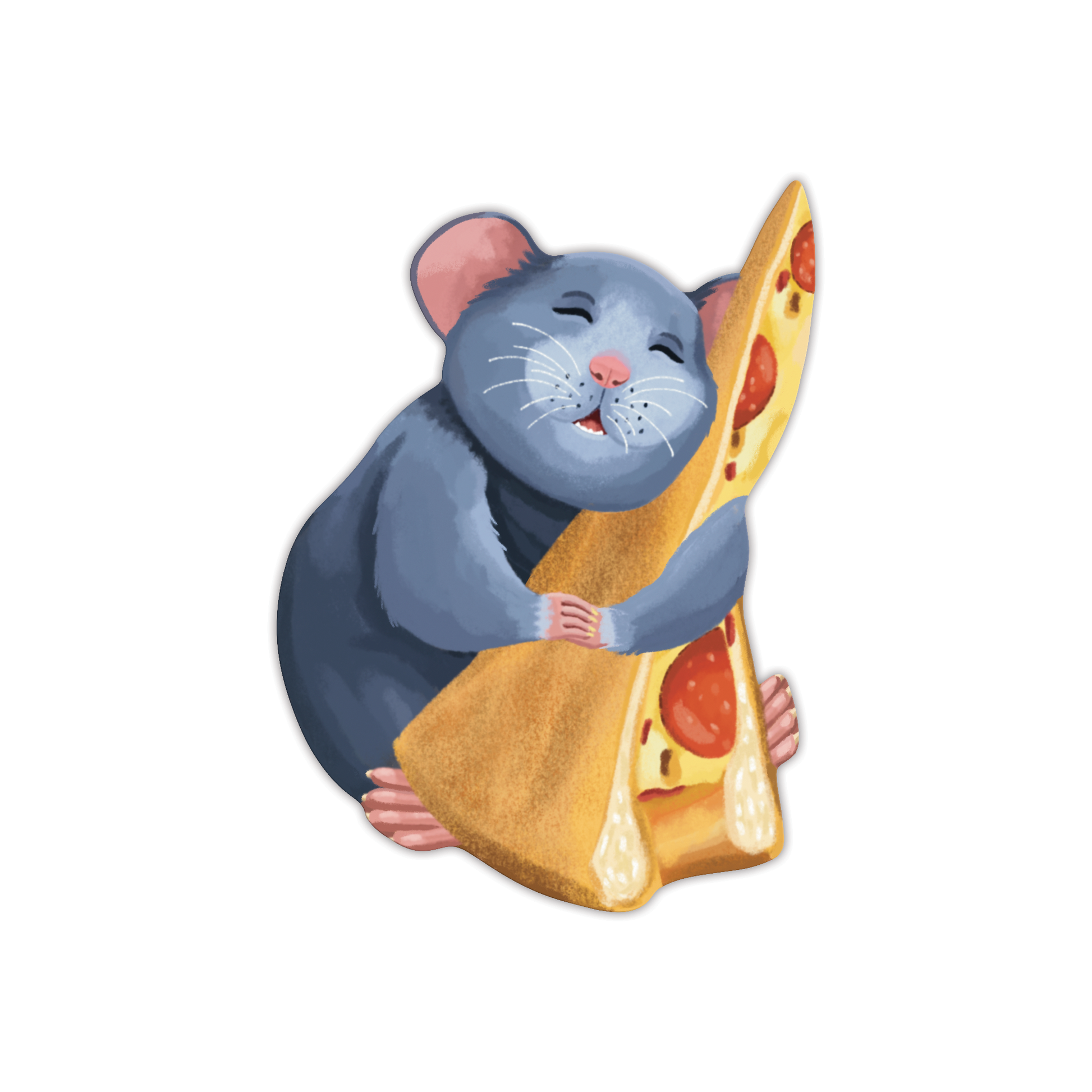 Die-cut pizza rat bookmark featuring gray rat with pink ears, nose, and tail hugging large pepperoni pizza slice with red sauce, melted yellow cheese, and pepperoni on white background