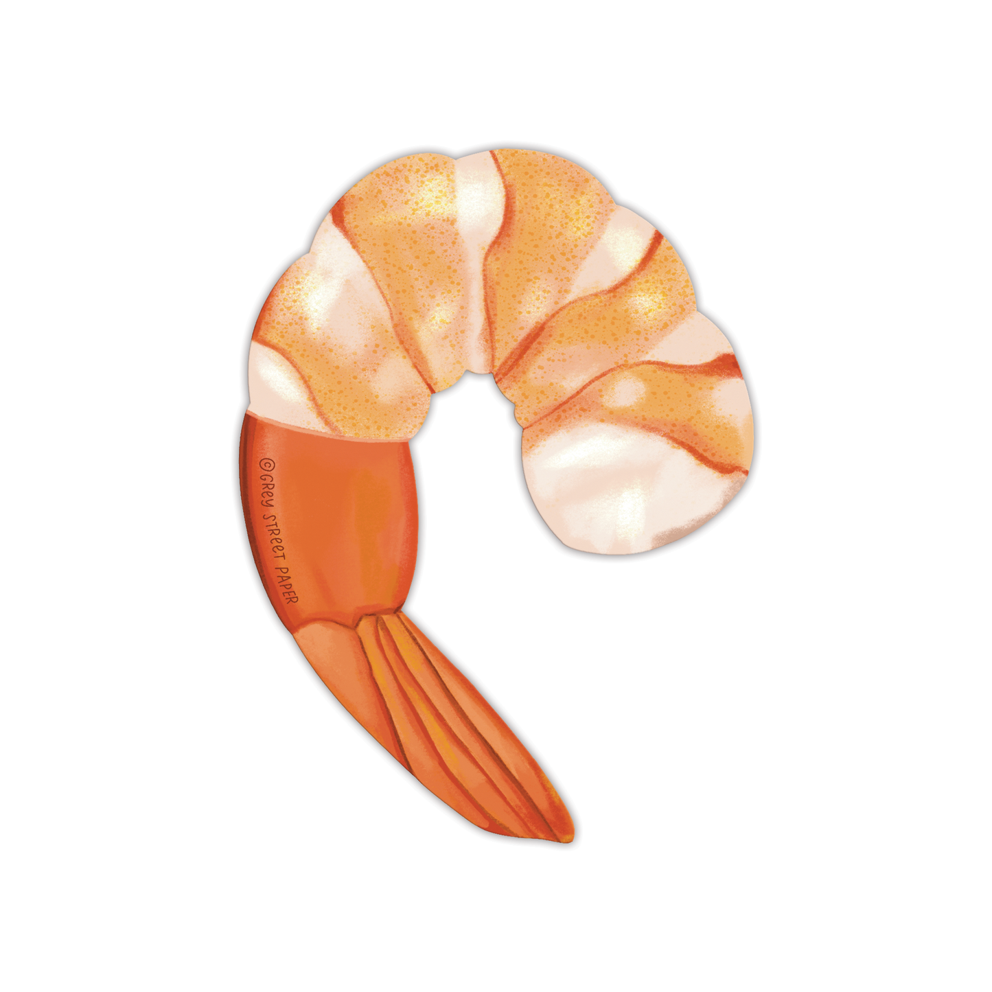 Cooked shrimp cocktail bookmark showing back view with striped body and orange tail on white background