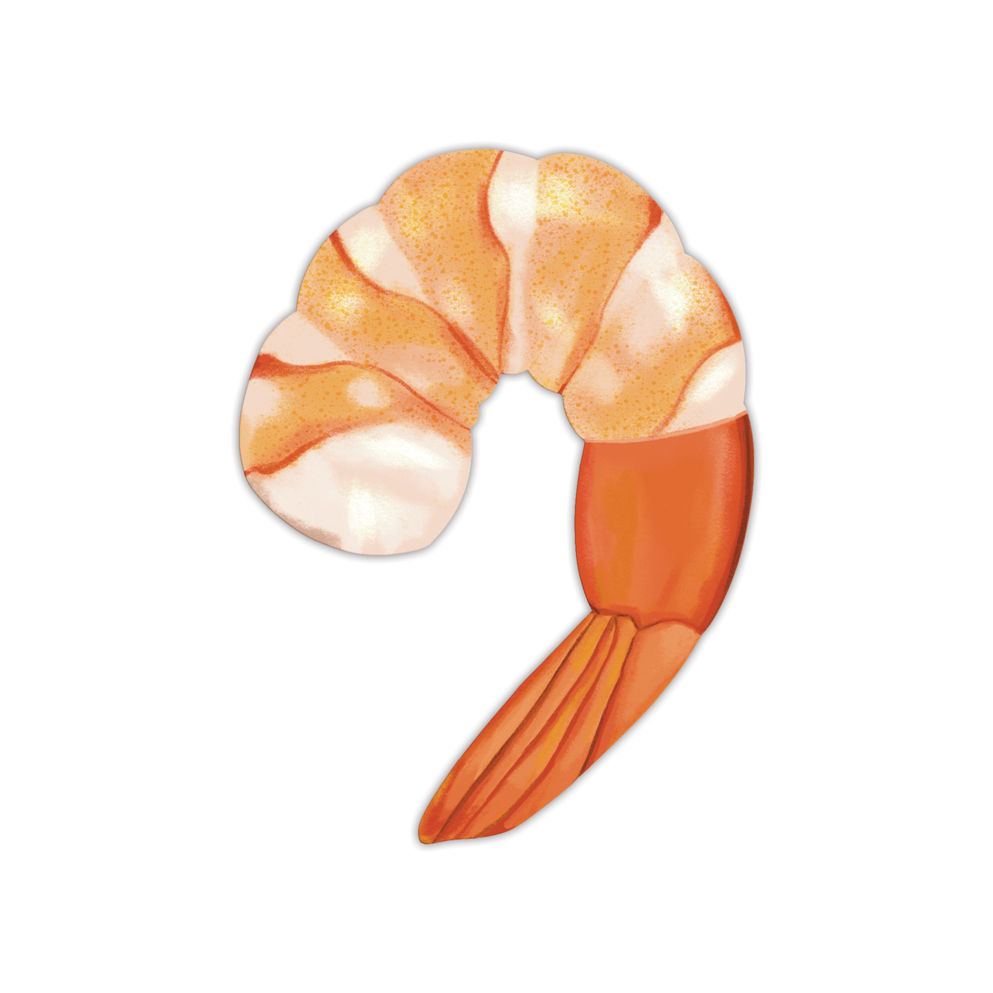 Die-cut shrimp cocktail bookmark featuring curved cooked shrimp with pink and white striped body, orange tail with ridges on white background