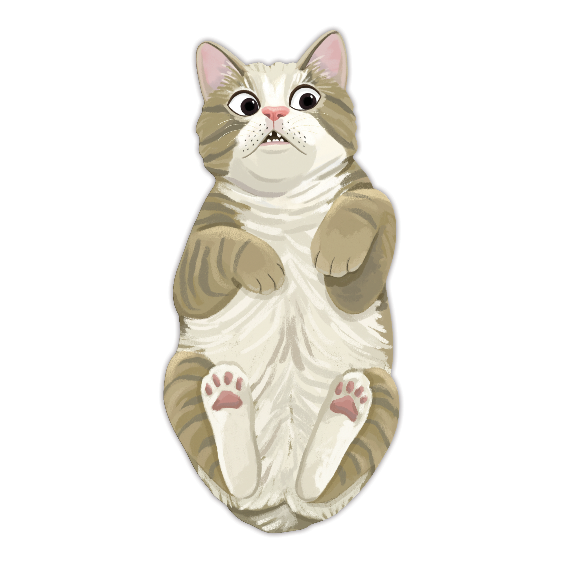 Tan and white cat die-cut bookmark with wide shocked eyes, open mouth, and pink toe beans on white background 
