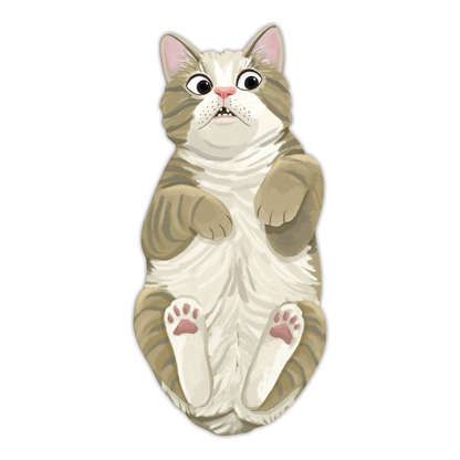 Tan and white cat die-cut bookmark with wide shocked eyes, open mouth, and pink toe beans on white background 
