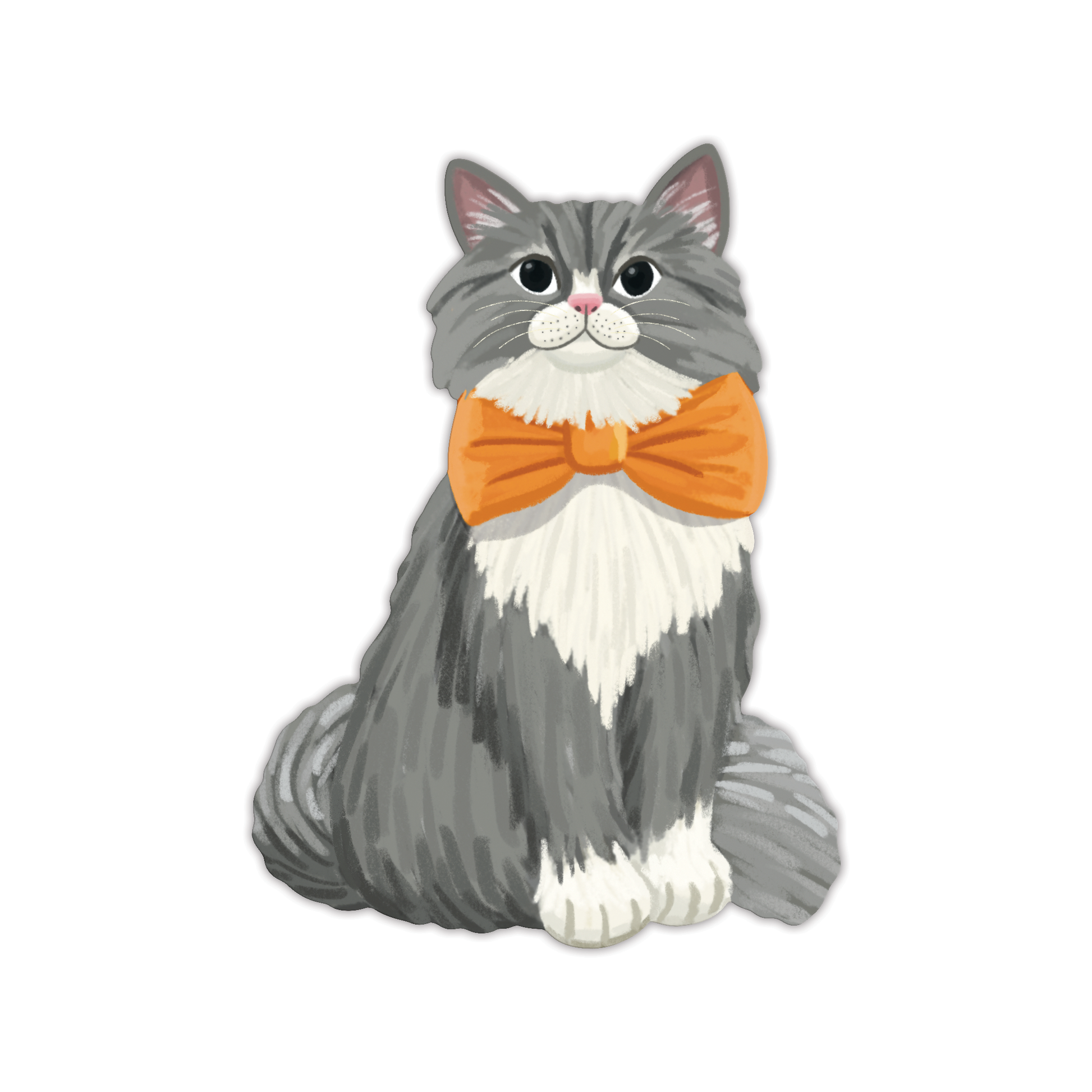 Grey long-haired cat bookmark with fluffy fur, orange bow tie, and bushy tail on white background