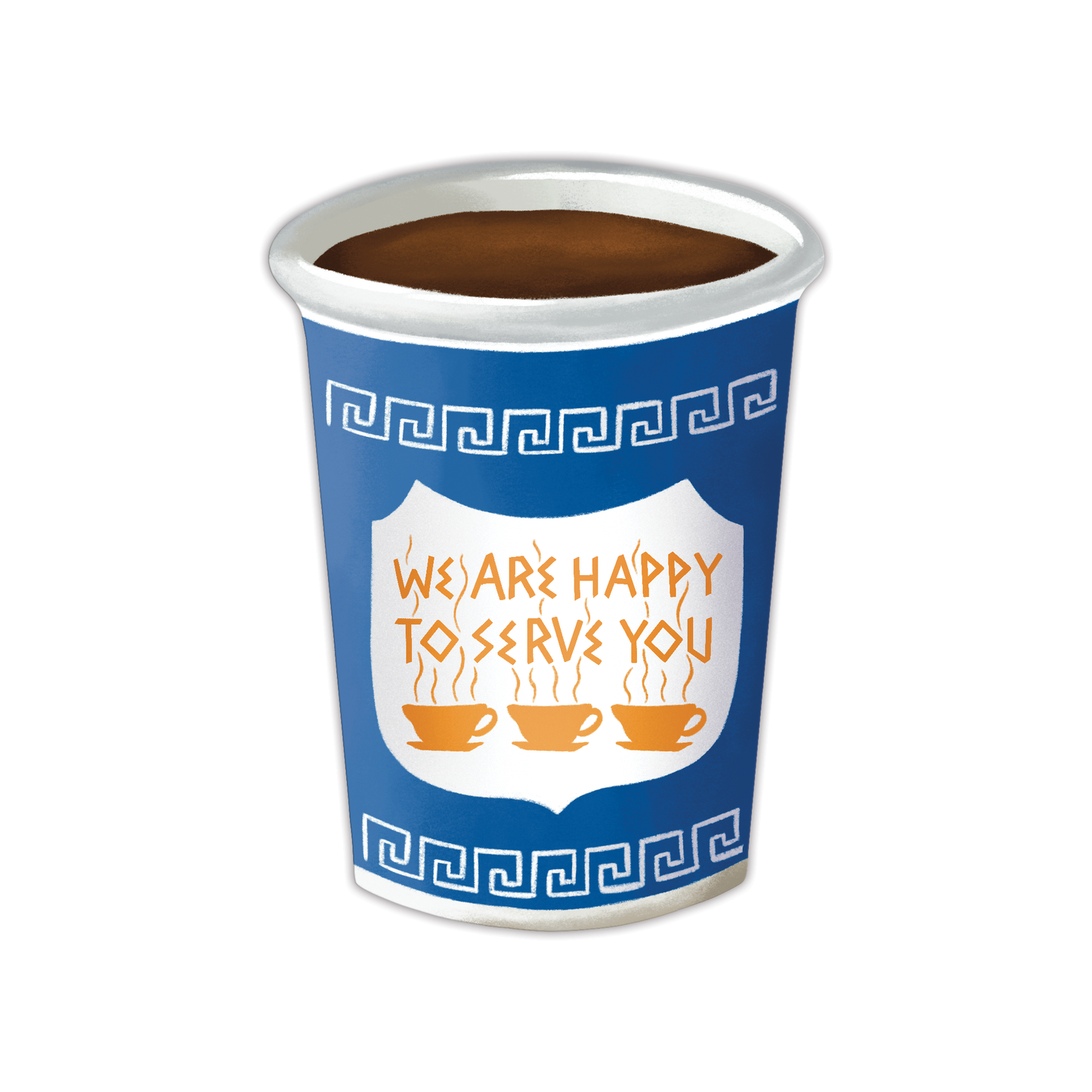 Blue paper cup die-cut bookmark with 'We are happy to serve you' text and coffee design on a white background