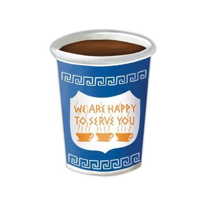 Blue paper cup die-cut bookmark with 'We are happy to serve you' text and coffee design on a white background